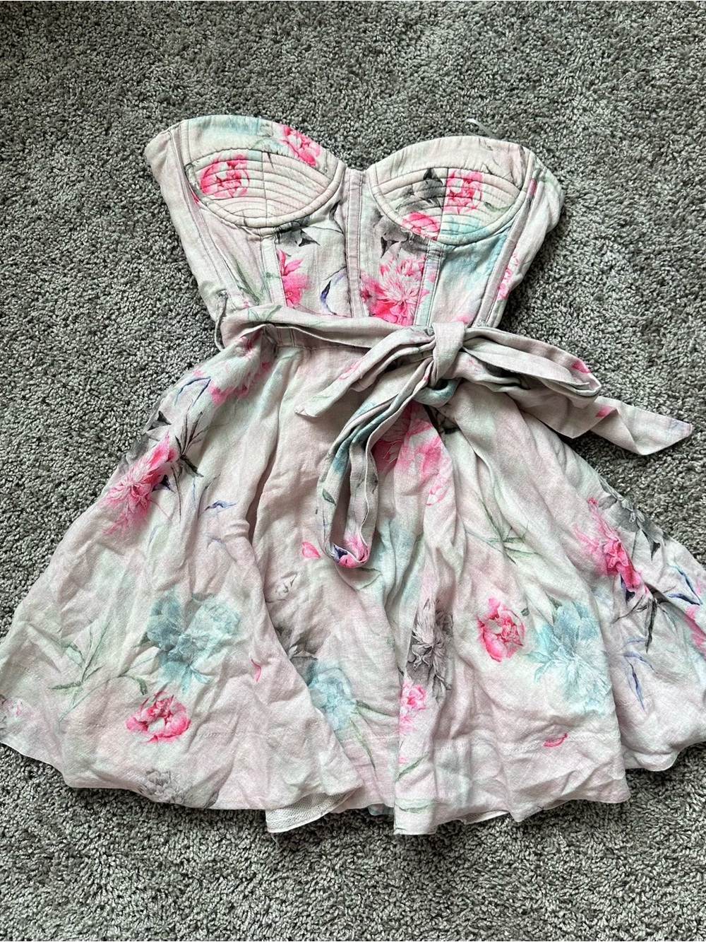 Bardot Strapless Floral Tie-Waist Mini Dress in Light Pink